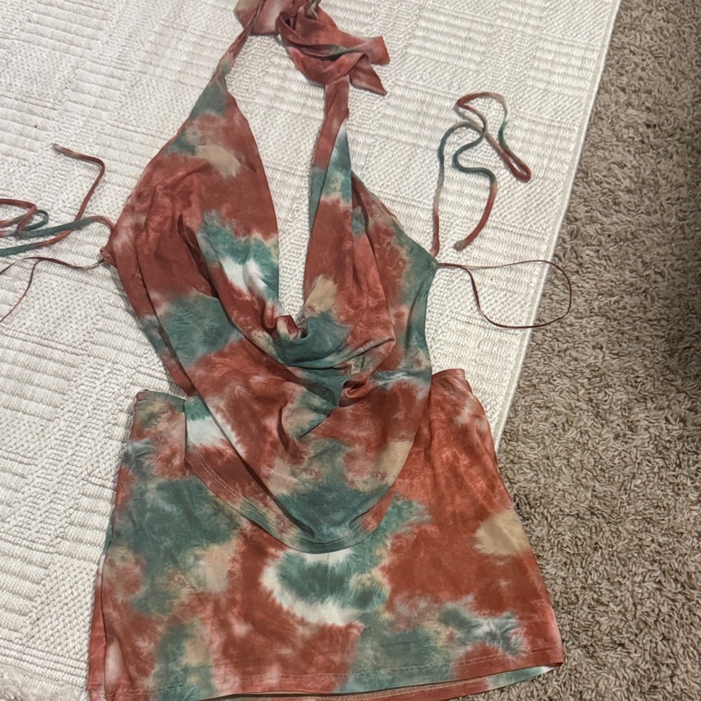 Windsor Rust & Teal Tie-Dye Halter Mini Dress